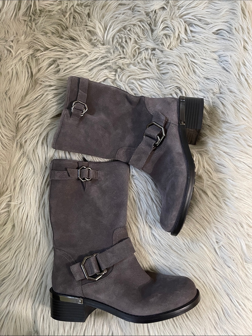Vince Camuto Gray Suede Mid-Calf Buckle wadelyn heel boots - Picture 2 of 7